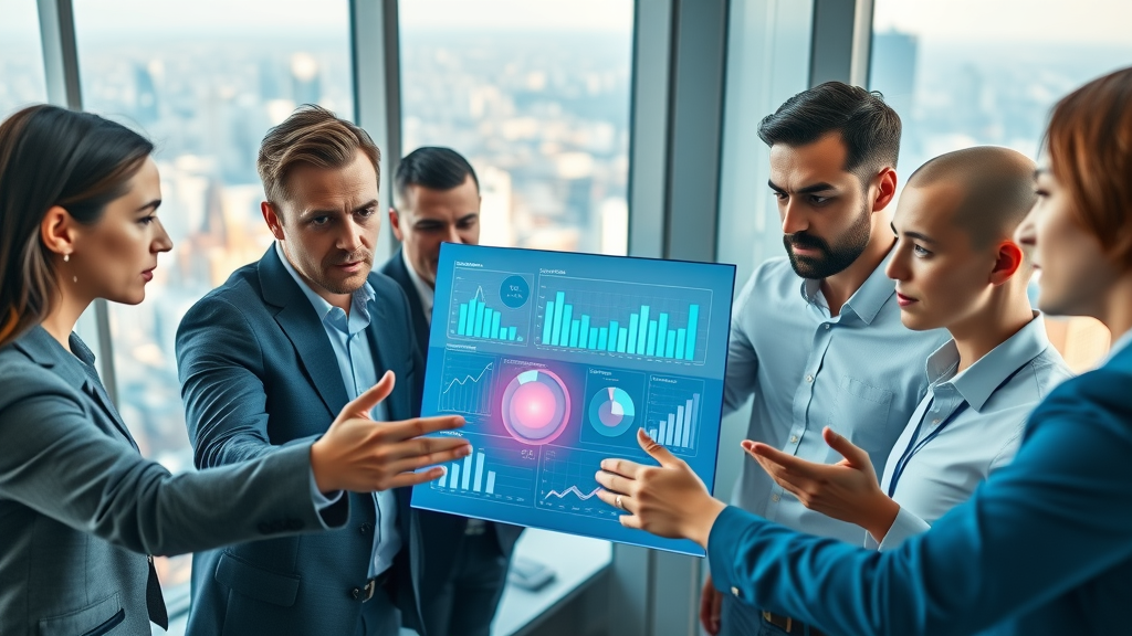 Dynamic business team analyzing digital marketing data around interactive analytics display in modern office with cityscape — digital &amp; marketing trends