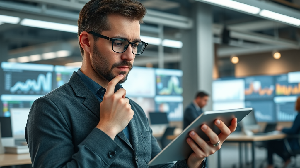 Modern marketing technology dashboard with engaged marketer reviewing digital marketing analytics and campaign metrics