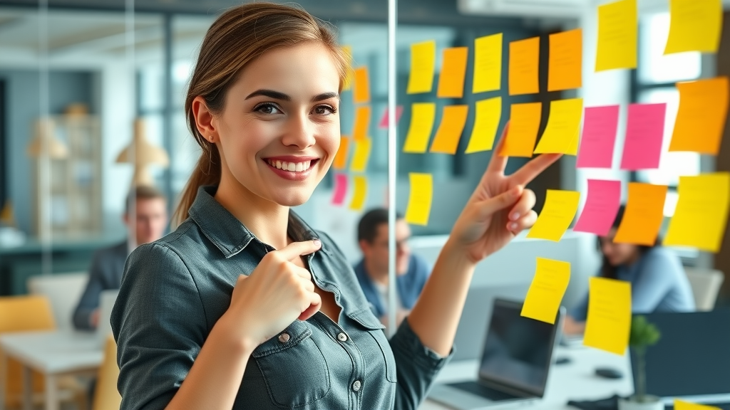 Confident female marketer planning omnichannel digital marketing strategy at startup co-working space, brainstorming marketing ideas