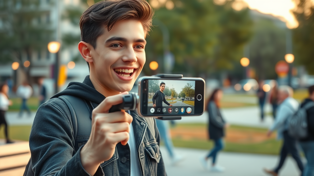 Trendy young creator filming social video content for digital &amp; marketing in urban park setting, holding smartphone on gimbal