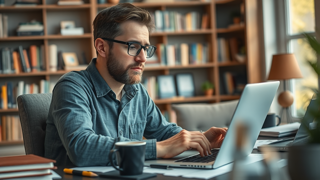 Professional writer brainstorming digital content marketing strategy for SEO and authority in home office