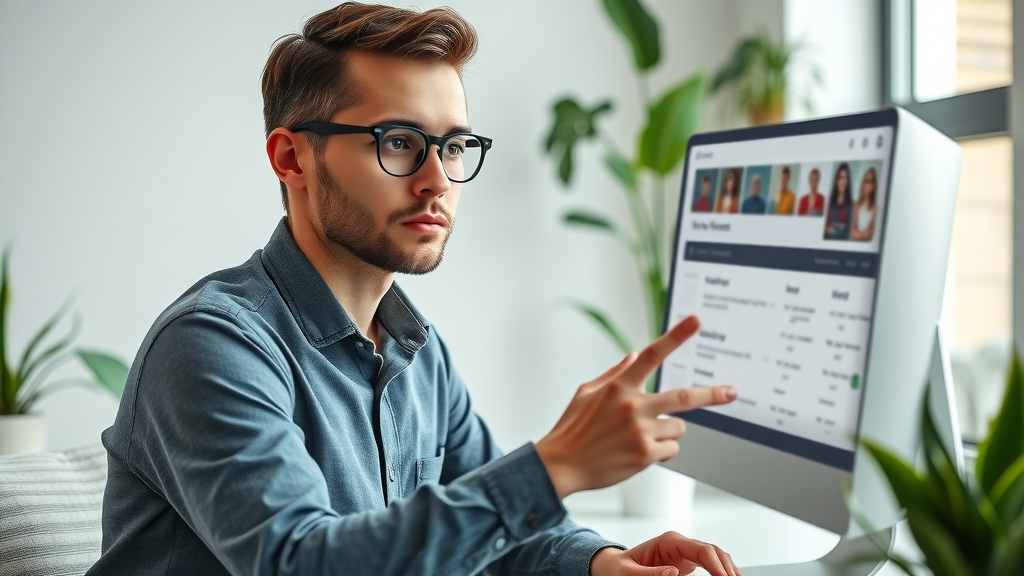 Forward-thinking digital marketer using voice assistant and visual search on desktop for SEO strategy in modern workspace