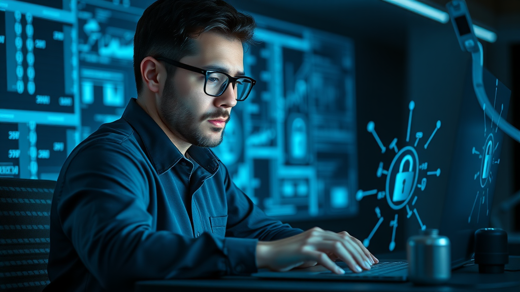 Serious data privacy analyst securing digital marketing data on secure laptop with holographic digital overlays