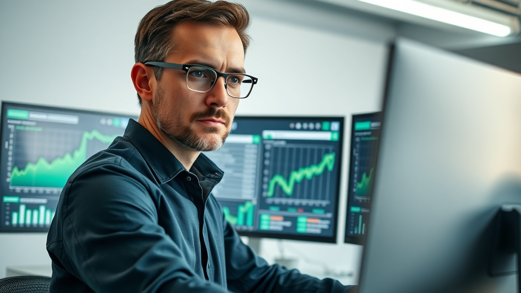 Professional marketing analyst reviewing KPIs on real-time dashboard with analytics for digital marketing campaigns