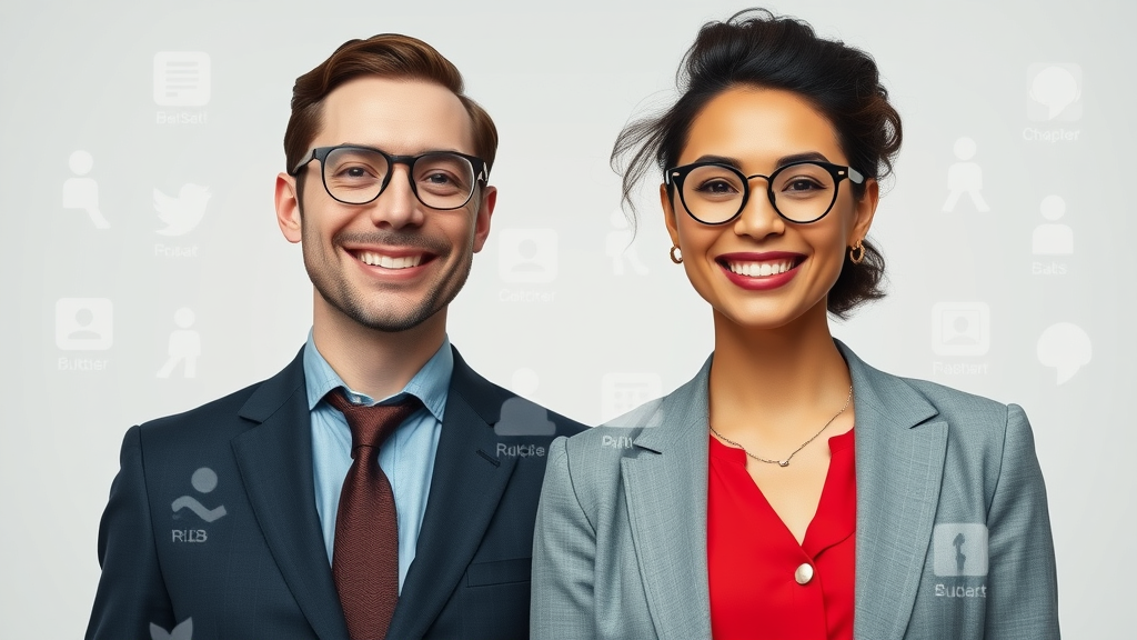 Business personas comparison: B2B executive and B2C fashion marketer with digital overlay of marketing channels