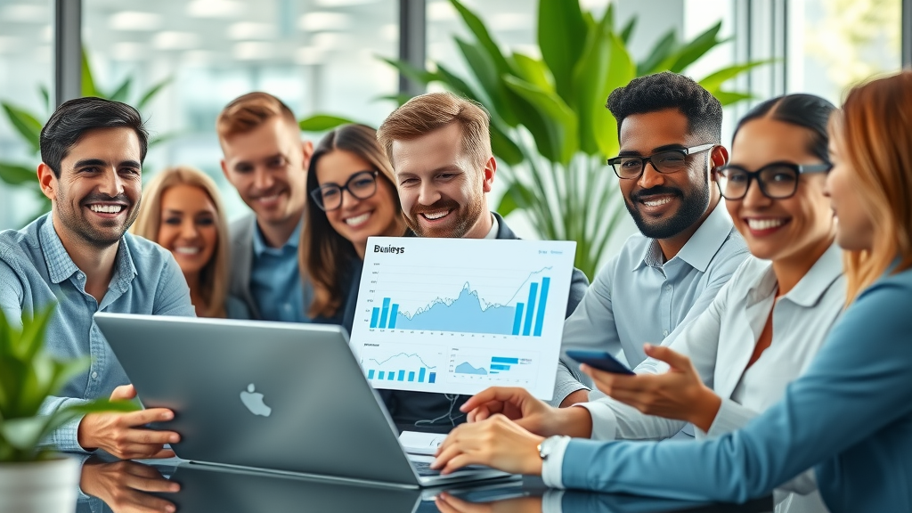 business team engaging in reputation marketing strategies, analyzing business growth metrics on digital screens in a modern office with natural lighting and greenery