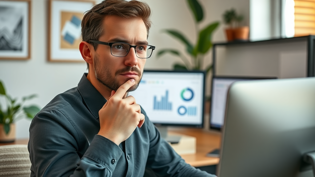 marketer auditing online reputation, analyzing reviews and analytics data on dual monitors in a professional home office