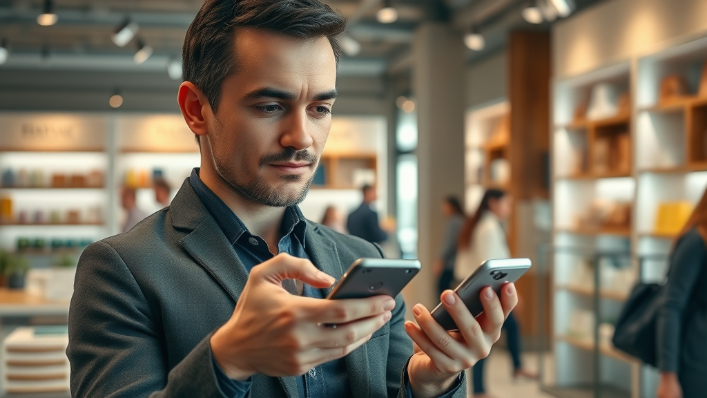 empathetic business owner calmly responding to negative review notifications on smartphone in a modern retail environment