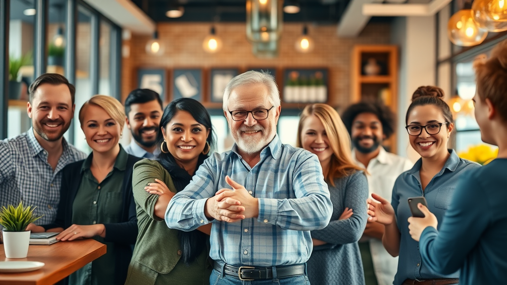 business owners in diverse venues celebrating reputation marketing success with customers and staff