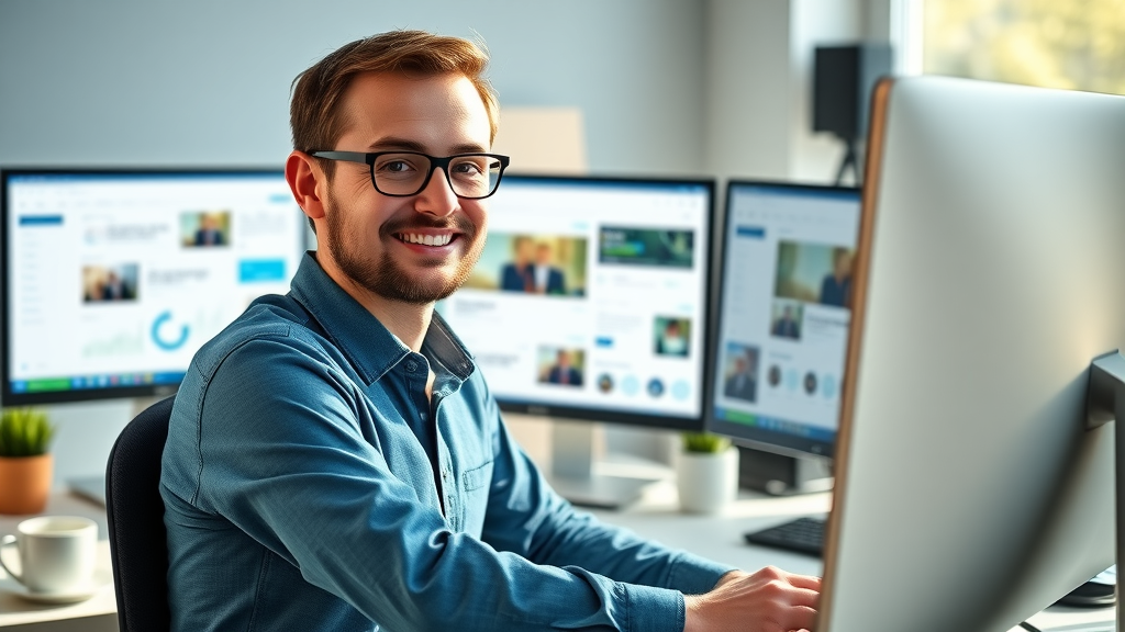 Confident marketer creating a social media marketing strategy with analytics and campaign screens in a modern workspace