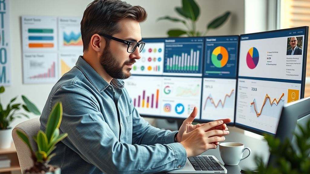 Entrepreneur reviewing social media analytics and branding visuals across platform dashboards