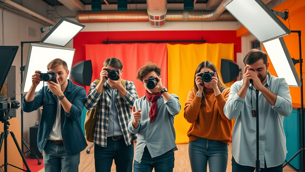 Creative content team capturing photos and videos for social media in a vibrant studio