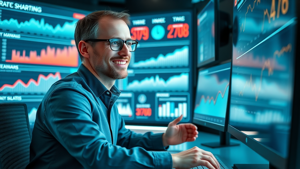 Digital marketer reviewing social media performance metrics on a dashboard with analytics graphs