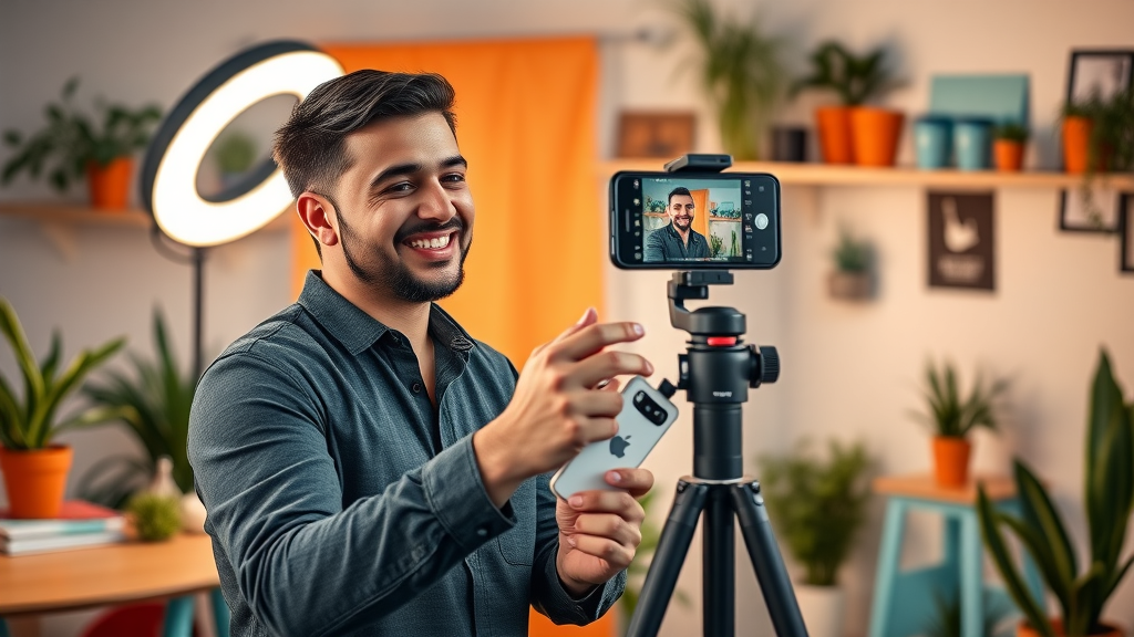 Professional influencer recording social media marketing content in a branded studio setup
