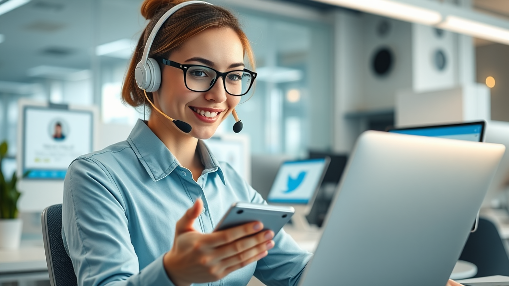 Social media support specialist assisting customers on digital devices in a high-tech office