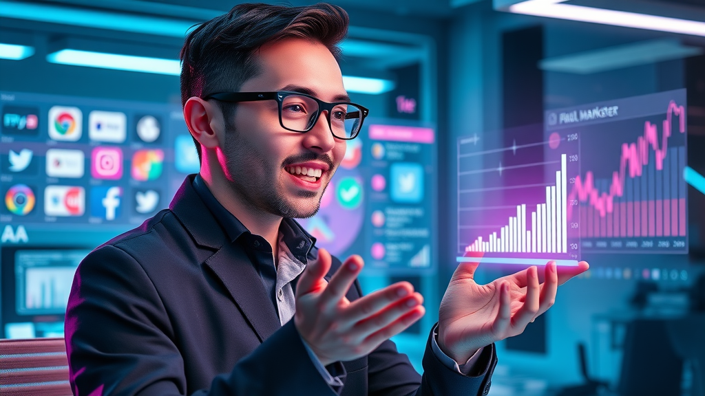 Futuristic marketer interacting with AR social media icons and digital trend graphs