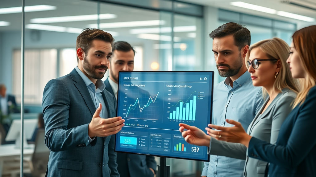Dynamic business team analyzing digital ad spend charts for advertising and social media in a modern office setting with digital graphs and social icons.