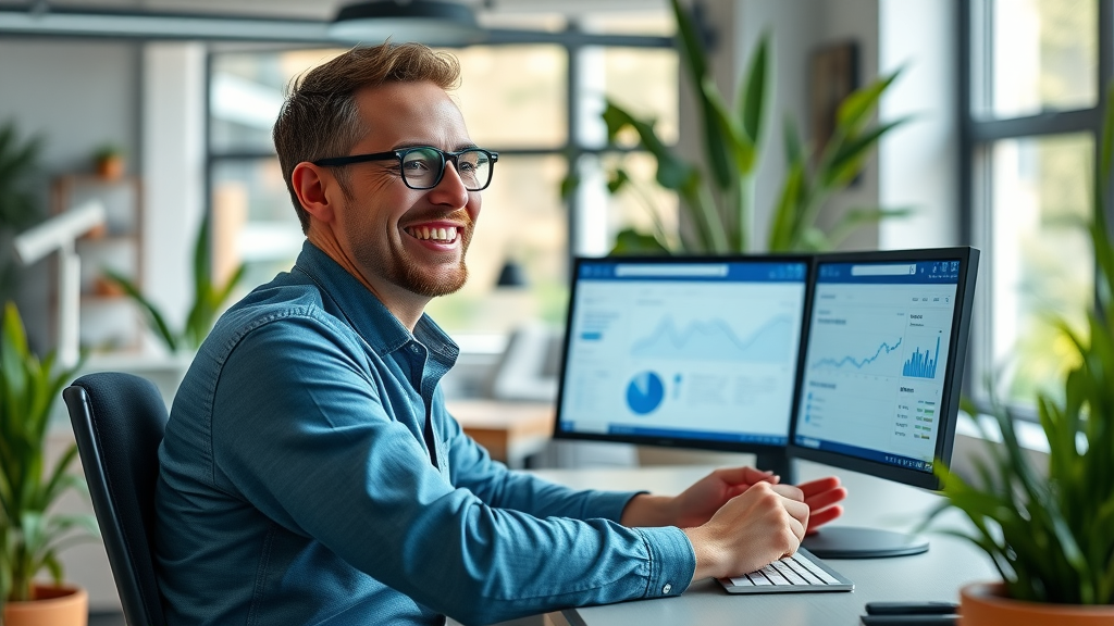 Smiling marketing manager analyzing Facebook ad analytics and social media ad metrics in a startup office.