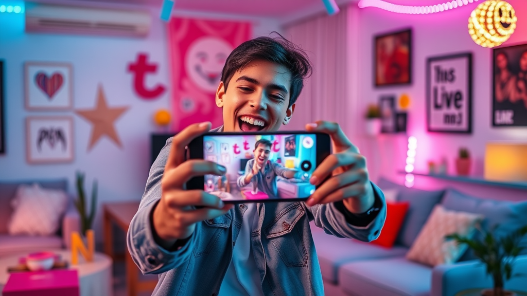 Energetic content creator filming a TikTok ad as part of a successful social media advertising strategy.
