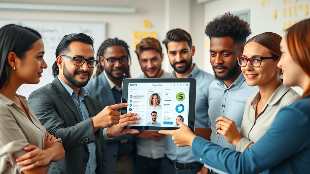 Diverse focus group reviewing social media user profiles for advertising and social media target audience segmentation.