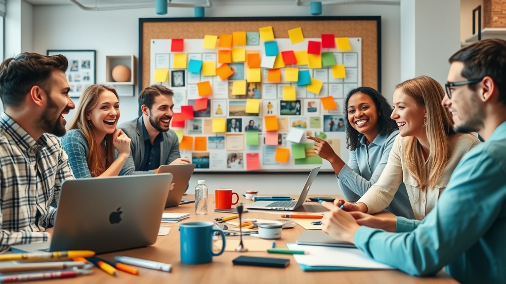 Creative team brainstorming media ad visuals and copy for high-impact social media advertising.