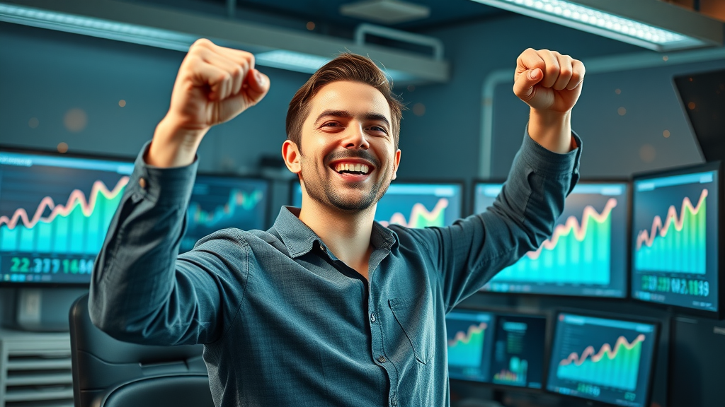 Startup founder celebrating successful advertising and social media campaign metrics with upward graphs.