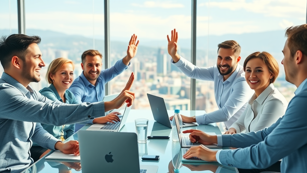 Business stakeholders celebrating positive ROI from social media advertising and media ads in a meeting room.