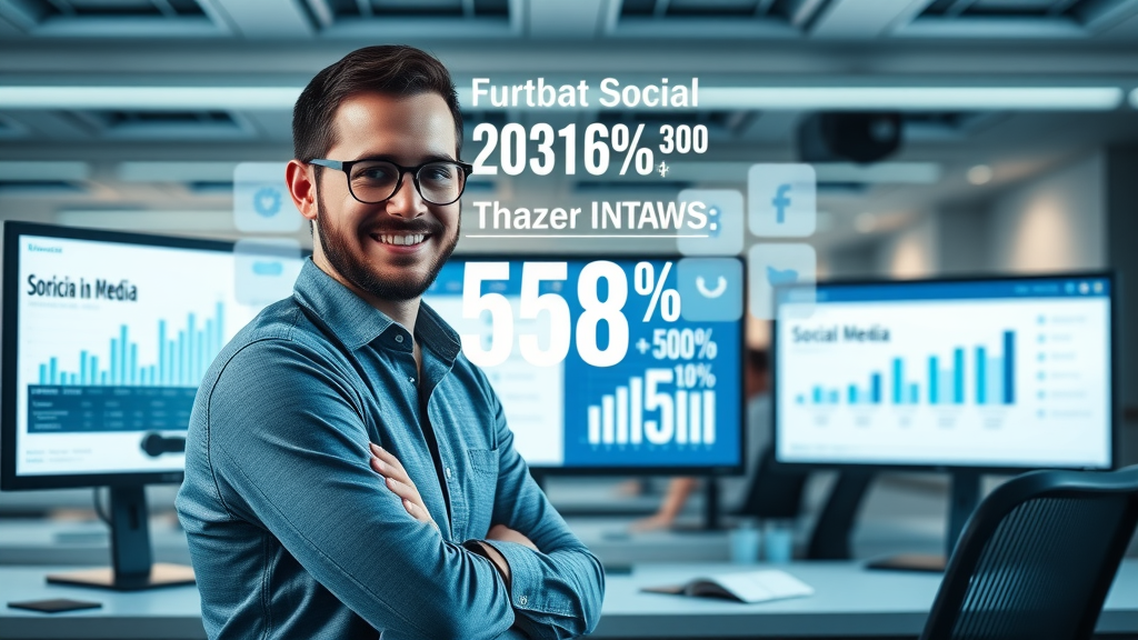 Infographic showing global social media user statistics, modern workspace, computer screens displaying charts, floating data points, media marketing