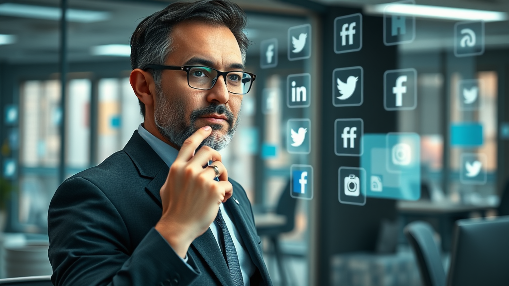 Modern business leader in digital environment with floating digital media marketing icons, social media channels, photorealistic trendy office