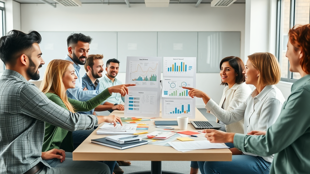 Diverse marketing team brainstorming robust media marketing strategy, pointing at strategy diagrams, whiteboards, and post-its in bright office
