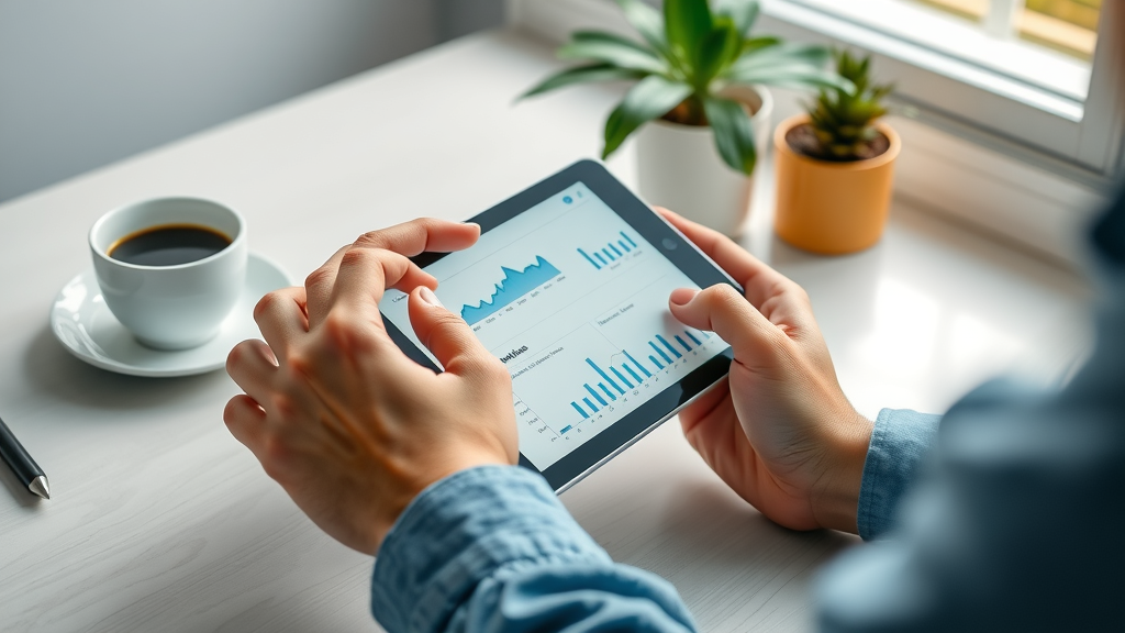 Close-up of hands analyzing social media marketing plan metrics on digital tablet, precise charts, clean workspace