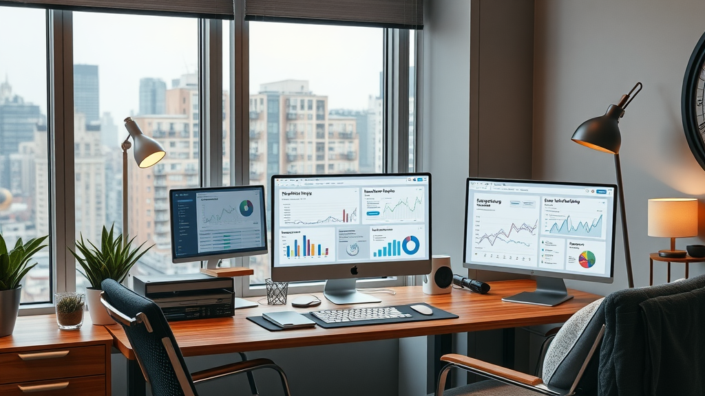 Modern home office with digital marketing tool dashboards on screens, showcasing media marketing platforms and analytics