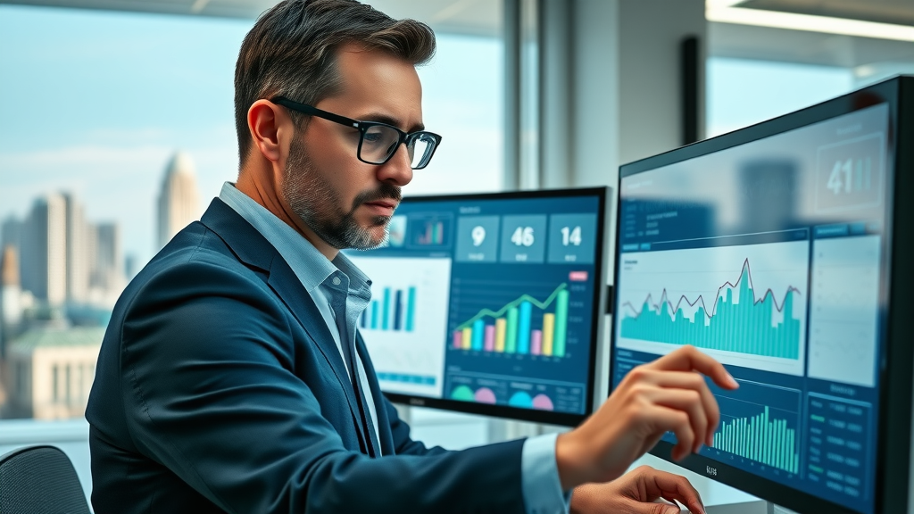 Professional examining media marketing strategy dashboards with site traffic graphs on dual monitors in corporate office