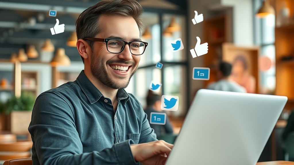 Small business owner smiling at laptop, surrounded by floating social media notifications indicating engagement, photorealistic interior