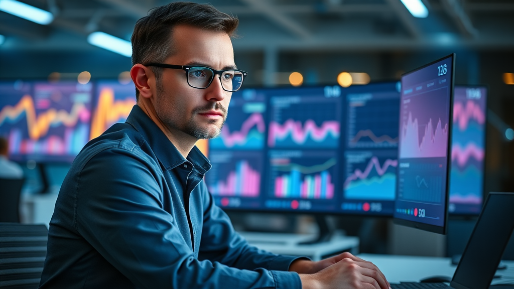 Marketer analyzing algorithm changes on screen, resilient and contemplative, media marketing challenges