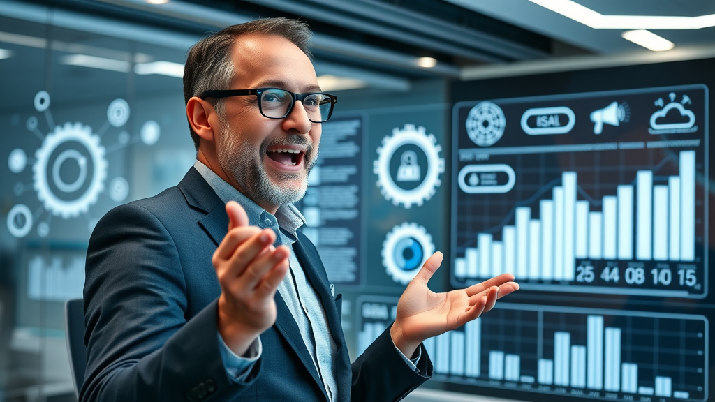 Business visionary interacting with AI automation tools, digital dashboard for media marketing, floating augmented reality icons