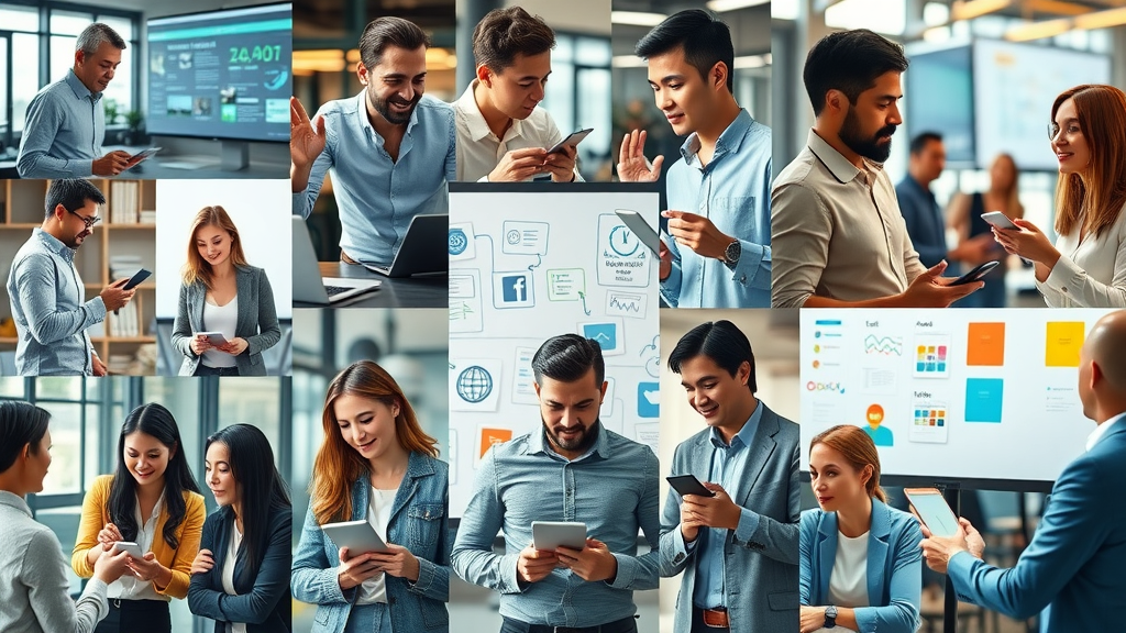 Collage of media marketing strategies in action, digital devices, creative boards, people collaborating, high-definition photorealistic