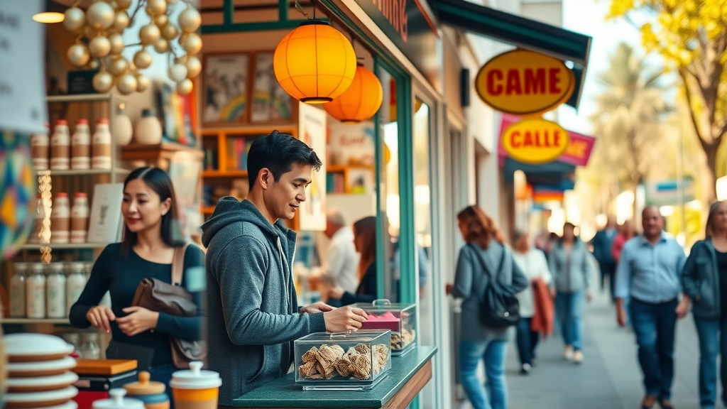 business advertising for small business storefront with owner arranging products and foot traffic