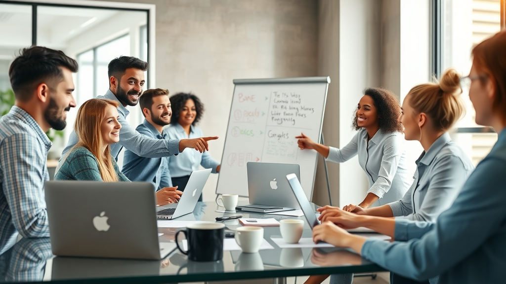 Marketing small business team collaborating in a modern office with laptops and whiteboards