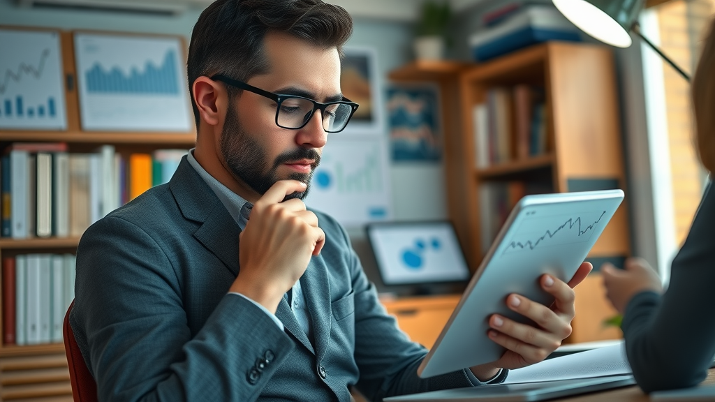 Focused entrepreneur analyzing business market research data on a tablet in home office