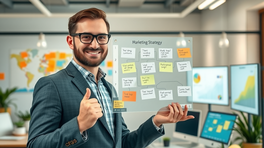 Inspired business owner presenting a marketing strategy flowchart in a bright startup workspace