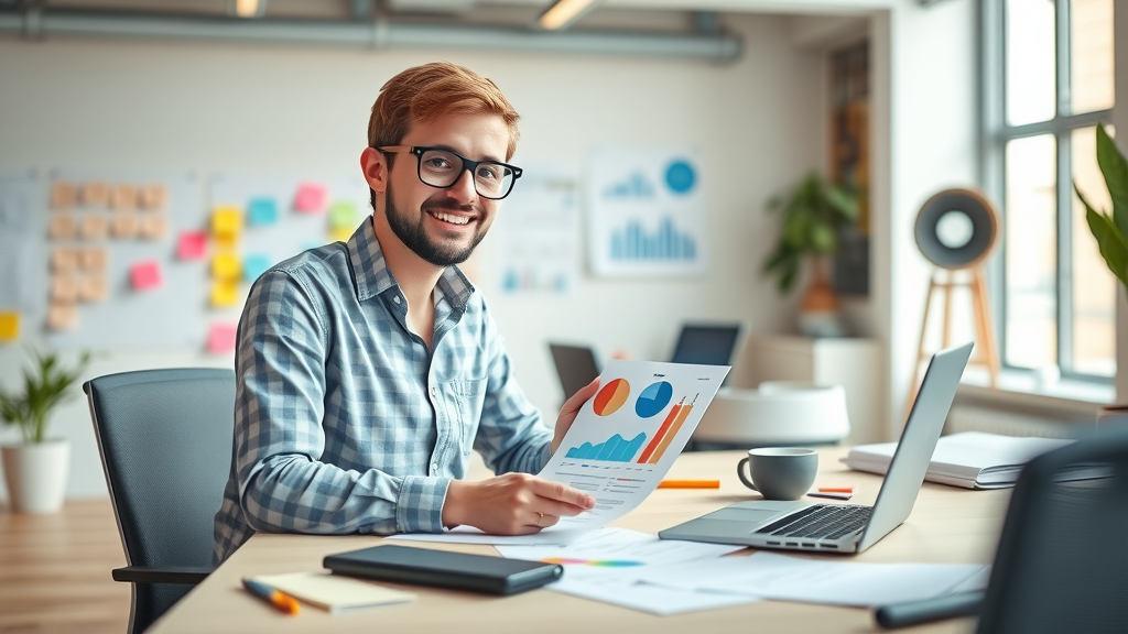 Organized marketer arranging colorful marketing plan components on a large co-working desk