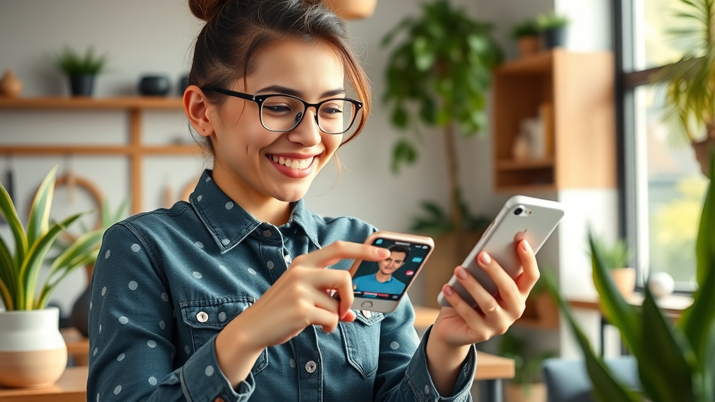 Energetic small business owner engaging followers on social media in a trendy cafe setting