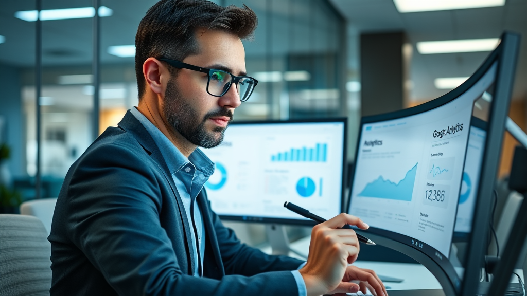 Analytical business owner reviewing Google Analytics dashboard on a desktop computer in a sleek office