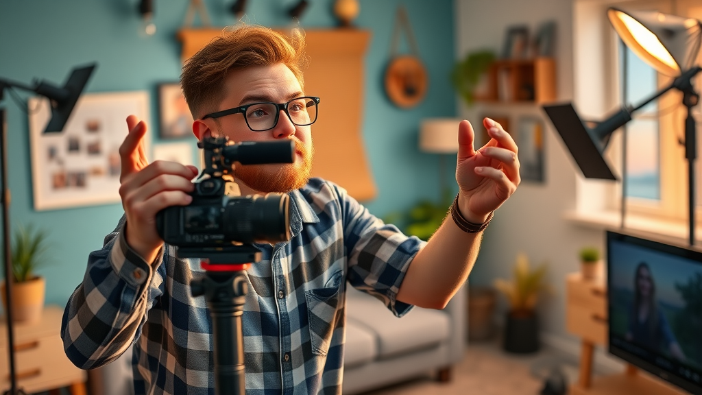 Creative marketer filming engaging video content for a business blog in a vibrant home studio