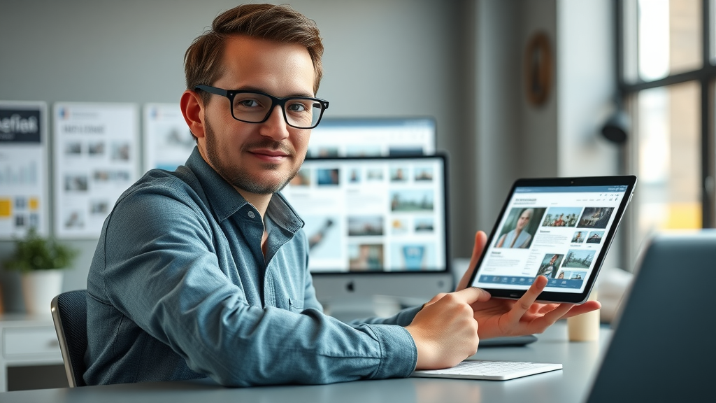 Adaptable content strategist repurposing digital content between devices in a tech-enabled workspace