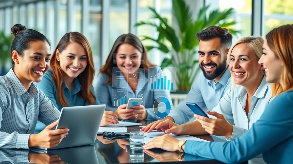 Vibrant business marketing team brainstorming digital media marketing strategy with digital charts and notifications visible in modern office. Social media marketing services in action.