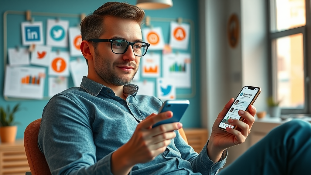 Professional digital marketer reviewing colorful analytics dashboard for social media marketing services. Modern workspace, visual data insights for ROI.