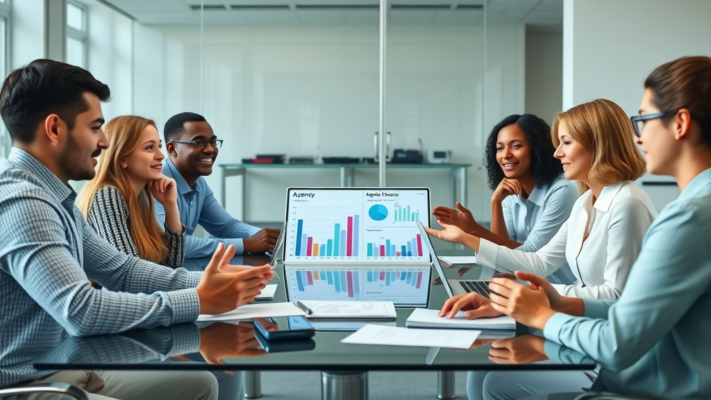 Focused marketing analyst reviewing audience demographic charts and social platforms icons for target audience selection. Data-driven social media marketing services.