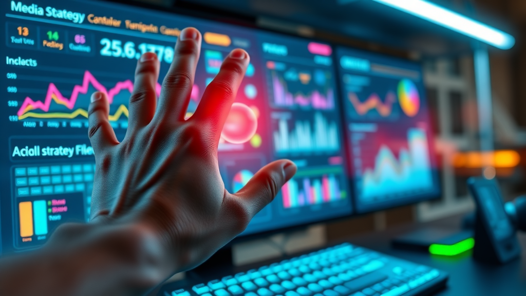 Cheerful business team celebrating campaign success with upward-trending graphs. Proof of ROI growth via social media marketing services.